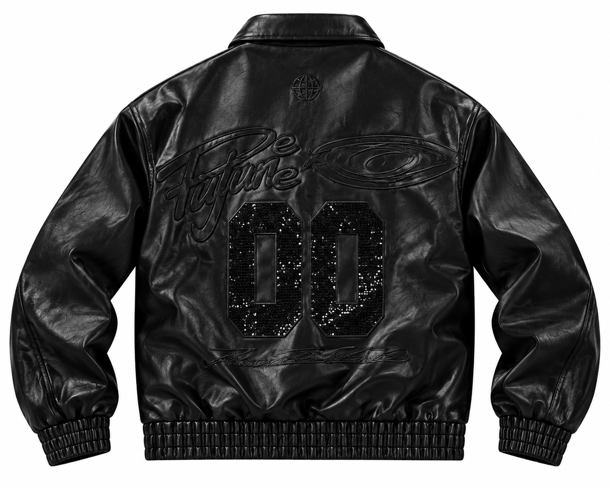 Back view of a black bomber jacket with a large black-on-black Future 00 graphic