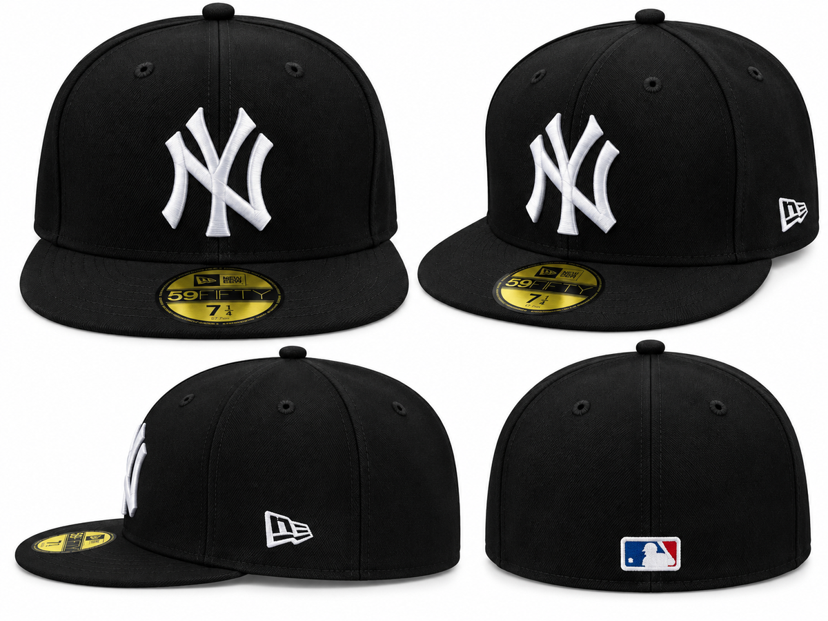 Four views of black flat brim cap with raised white NY lettering, white side emblem and back patch