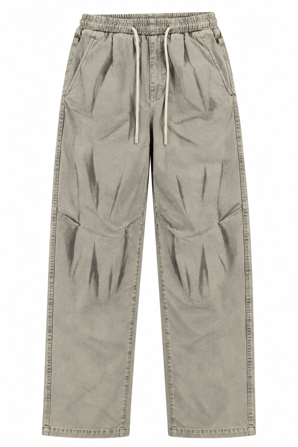 Light grey straight-leg pants with an elastic drawstring waist and angled front pockets