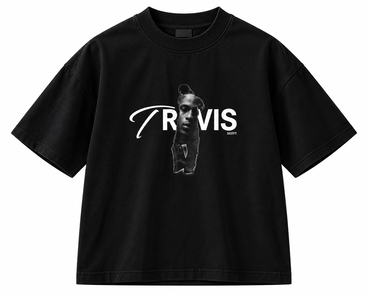 Black short-sleeve crew-neck T-shirt with white Travis Scott lettering and portrait graphic on the front