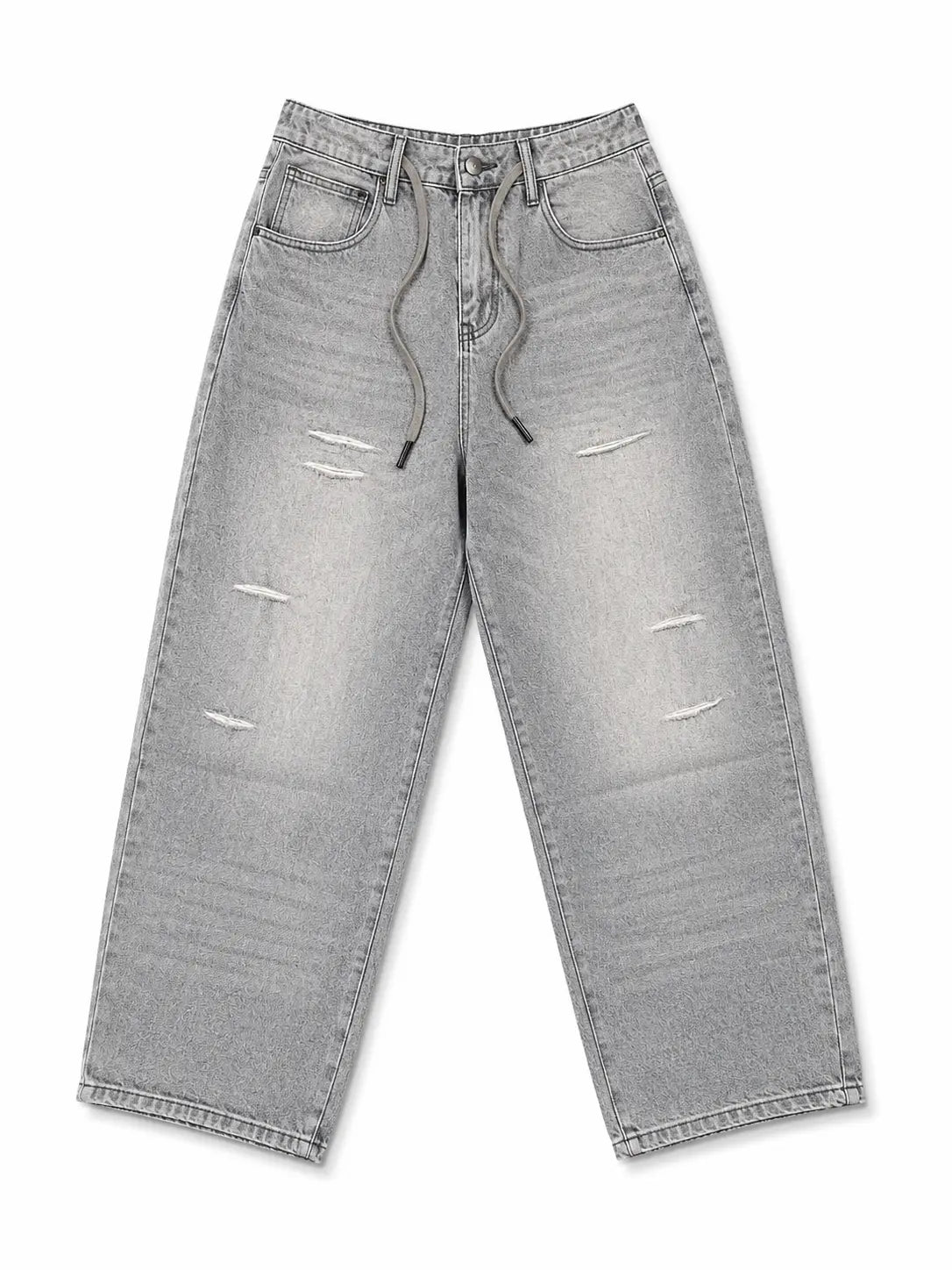 Men's Light Grey Distressed Wide-Leg Denim Jeans – Premium Relaxed Fit