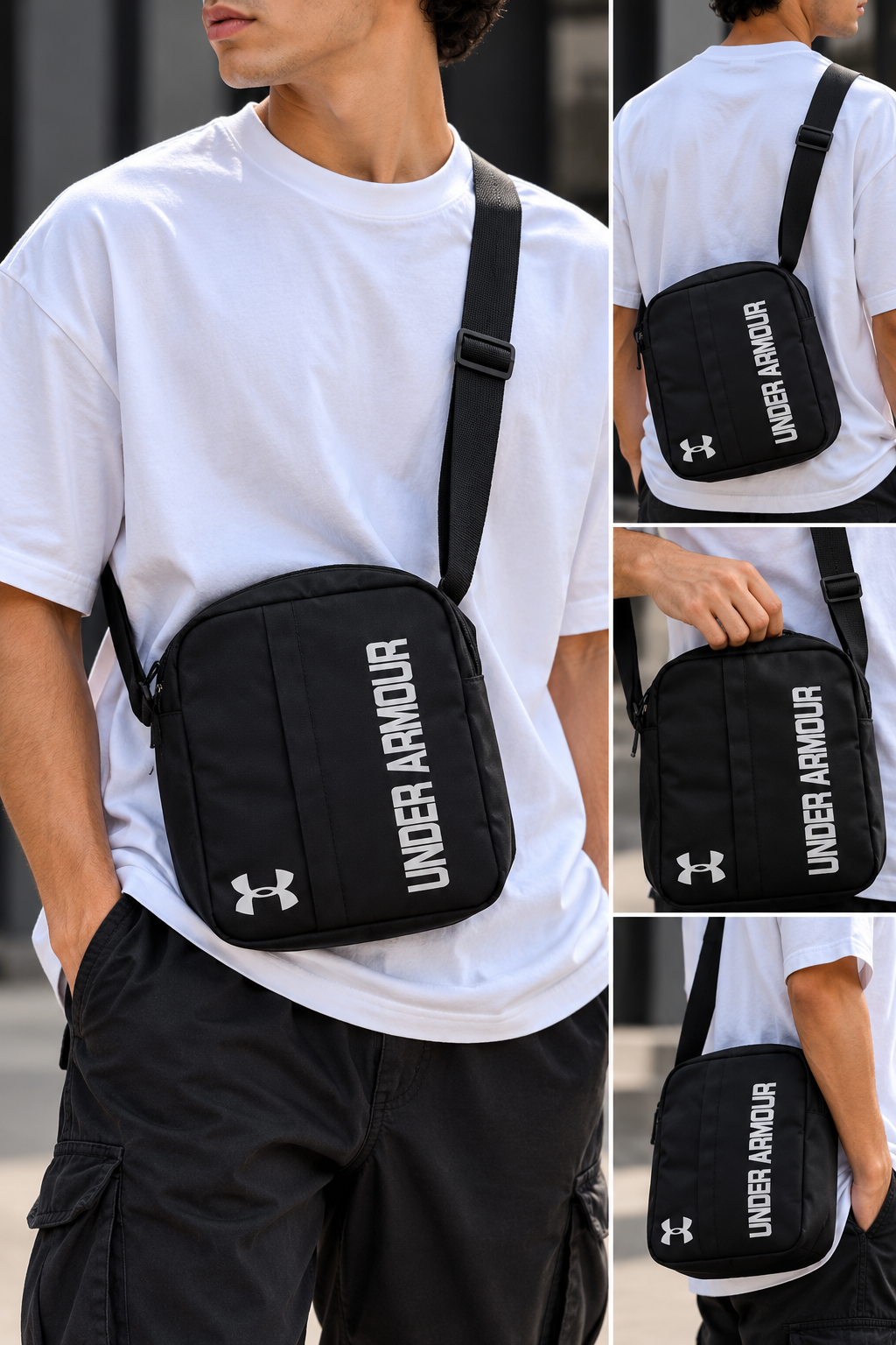 Black Under Armour logo crossbody bag worn across the body and over the shoulder