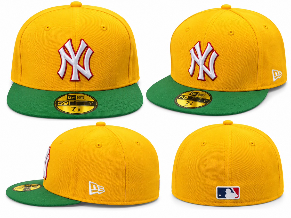 Four views of yellow cap with green flat brim, raised white NY lettering outlined in red