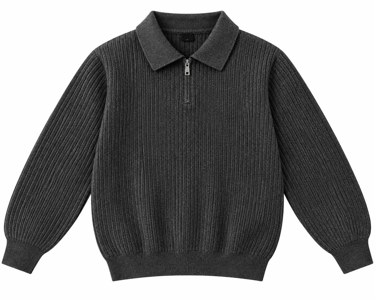 Charcoal long-sleeve ribbed shirt with a collared quarter-zip neckline, ribbed cuffs, and ribbed hem