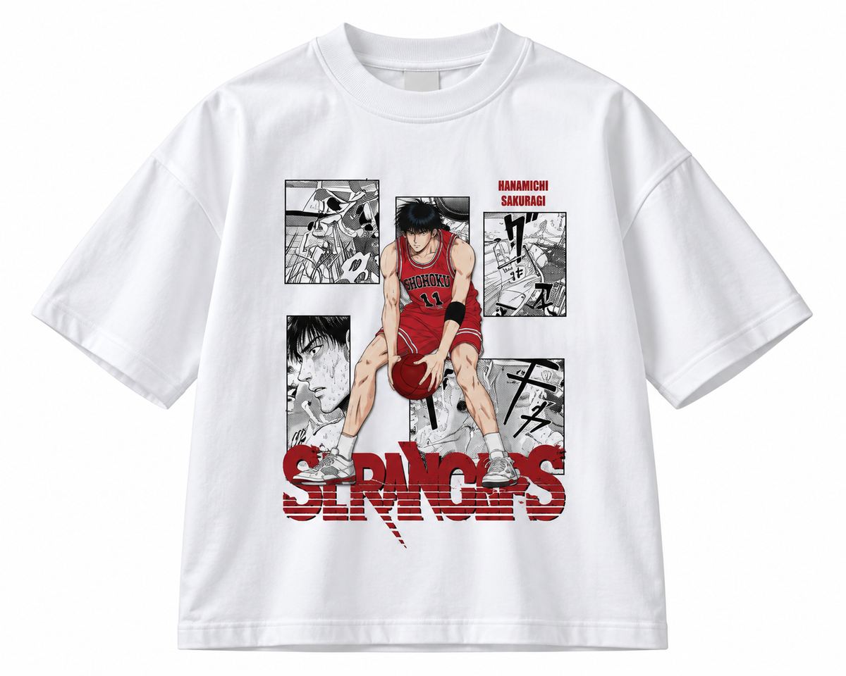 White short-sleeve crew-neck T-shirt with a red number 11 basketball player, manga panels, and red Slam Dunk lettering