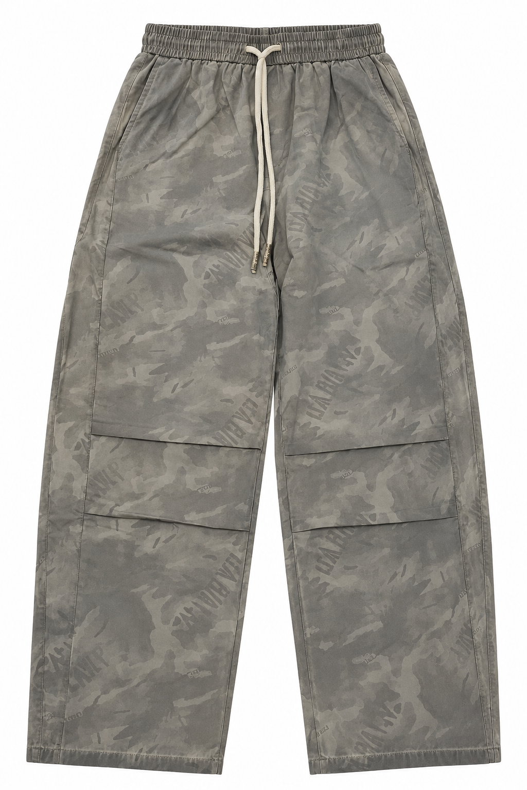 Grey camouflage-print straight-leg pants with an elastic drawstring waist, angled pockets, and horizontal knee panels