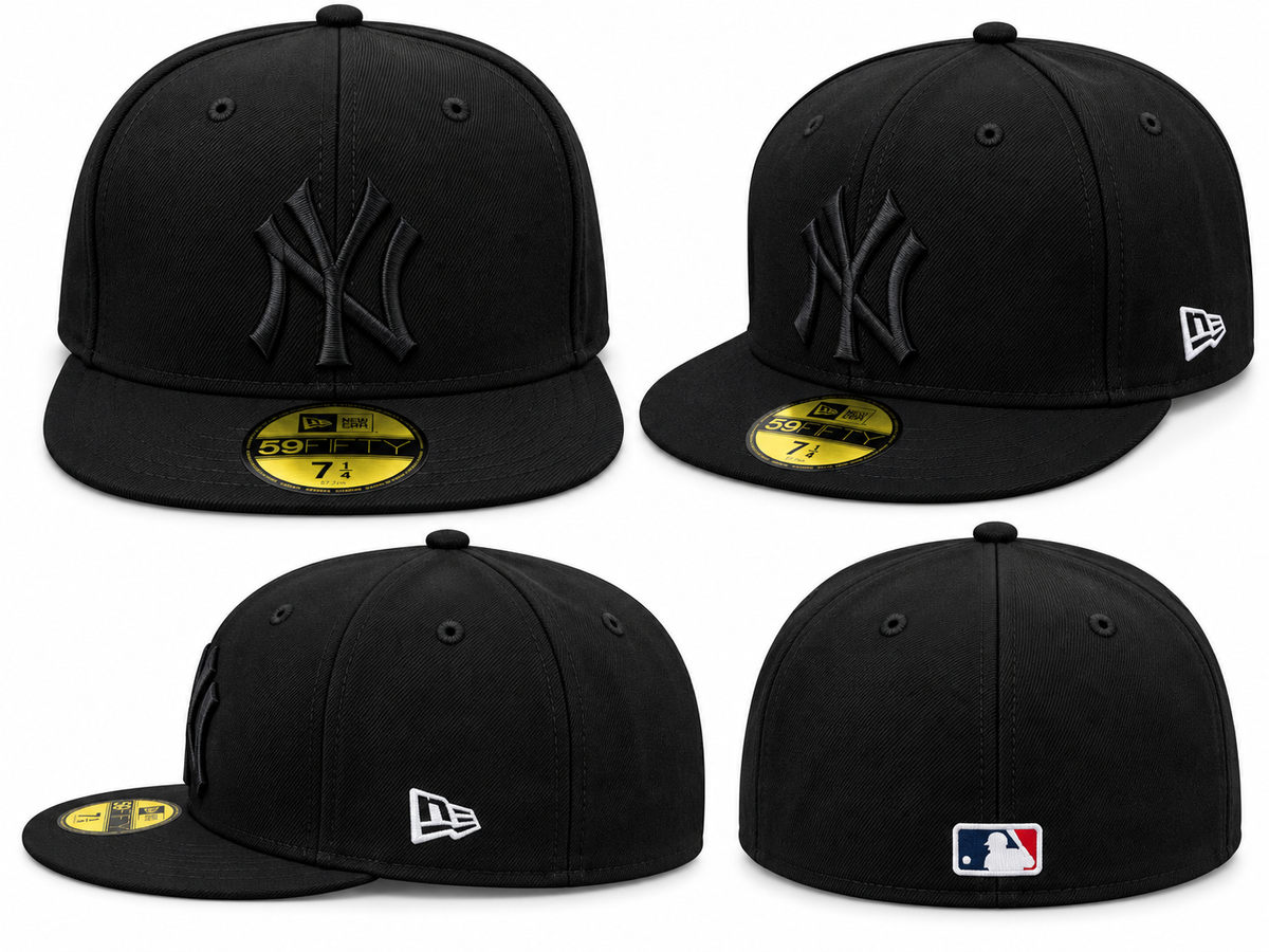 Four views of black flat brim cap with raised black NY lettering and white side emblem