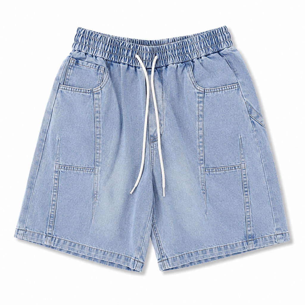 Light Blue Washed Denim Utility Shorts – Relaxed Fit Casual Streetwear - Darkdxb