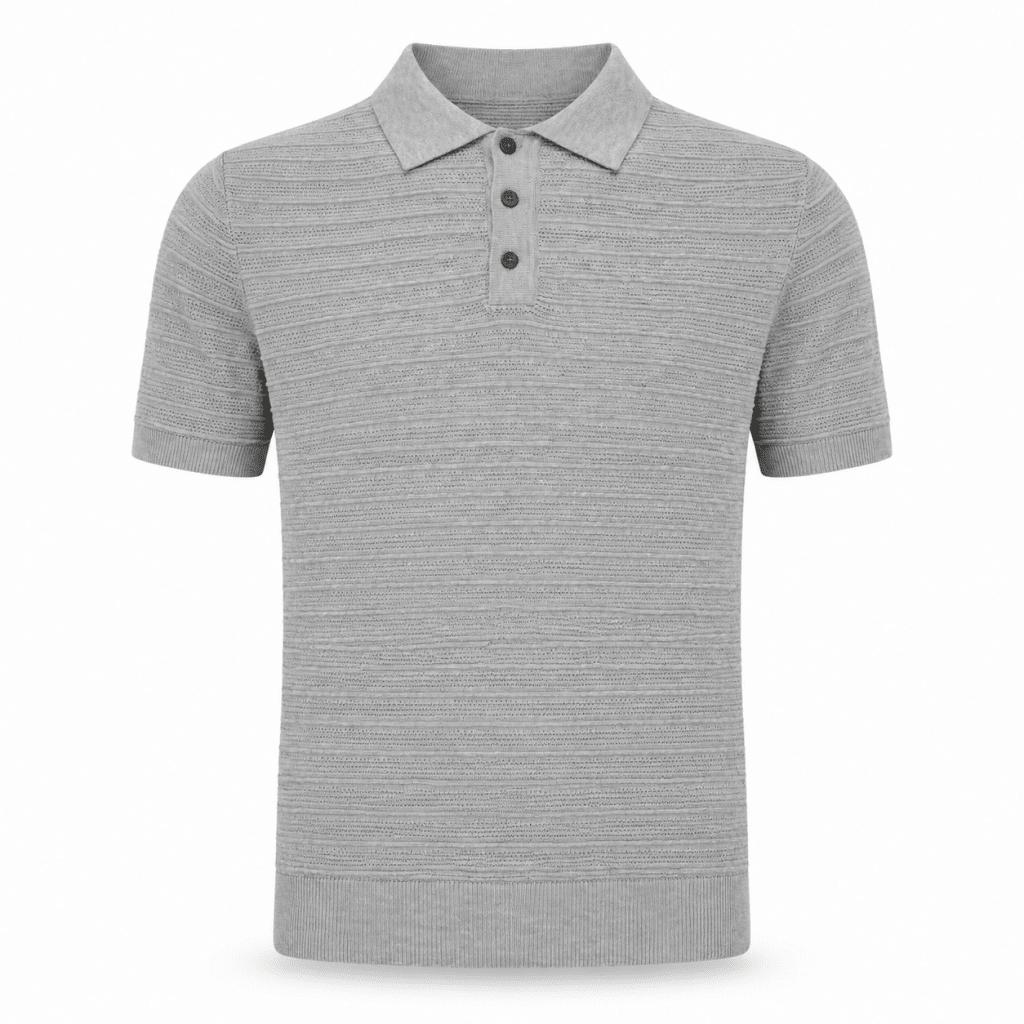 Light Grey Horizontal Ribbed Knit Polo Shirt – 3-Button Short Sleeve - Shirts - Darkdxb