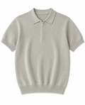 Light Grey Ribbed Knit Half-Zip Polo Shirt – Premium Short Sleeve Smart Casual Top - Darkdxb