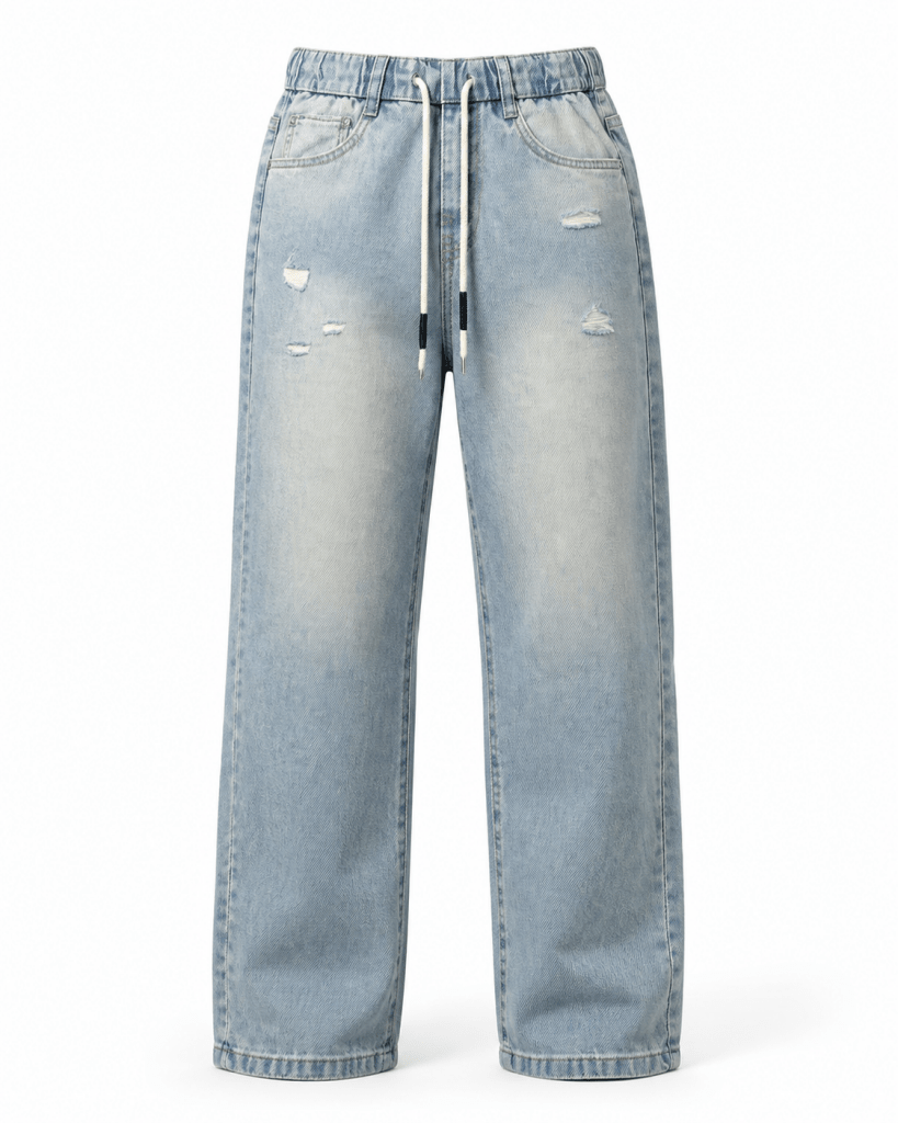 Light-Wash Wide-Leg Drawstring Jeans - Darkdxb