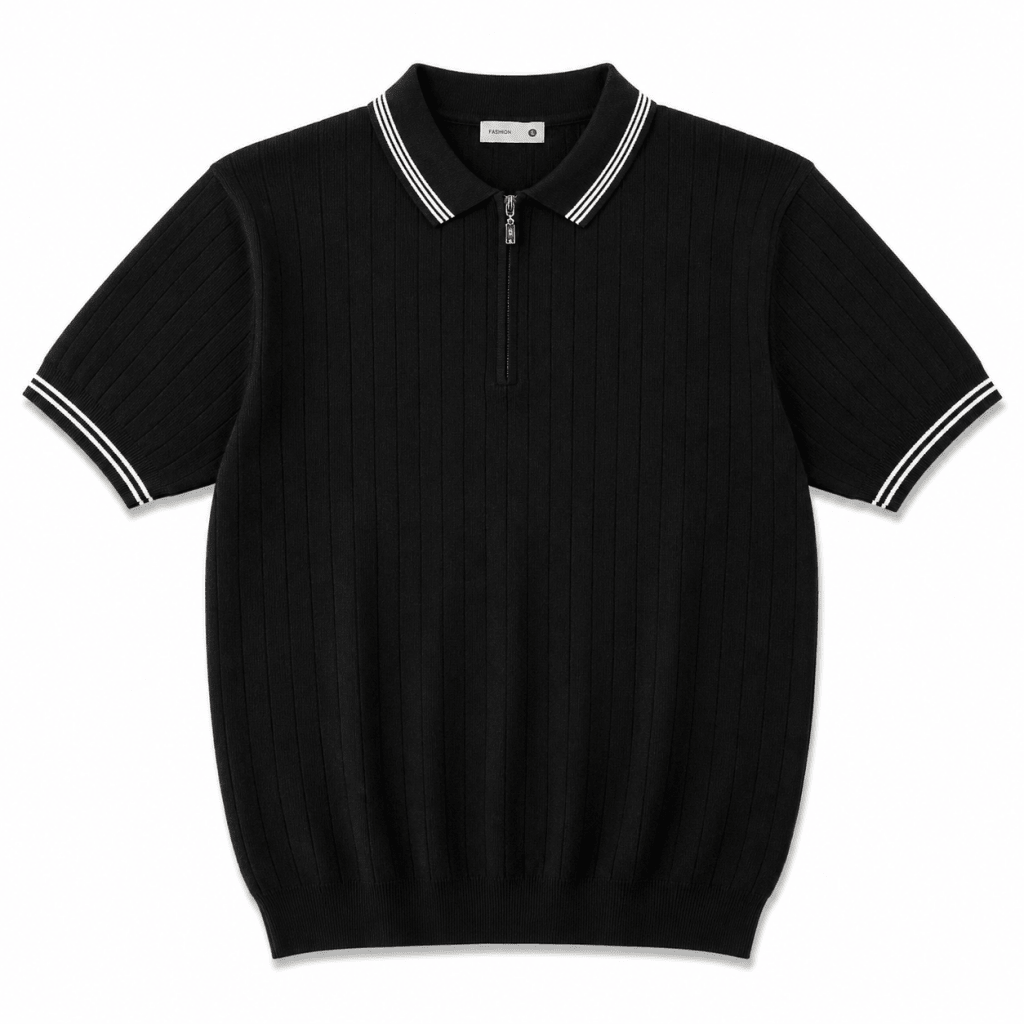 Men’s Black Half-Zip Striped Knit Polo Shirt - Darkdxb
