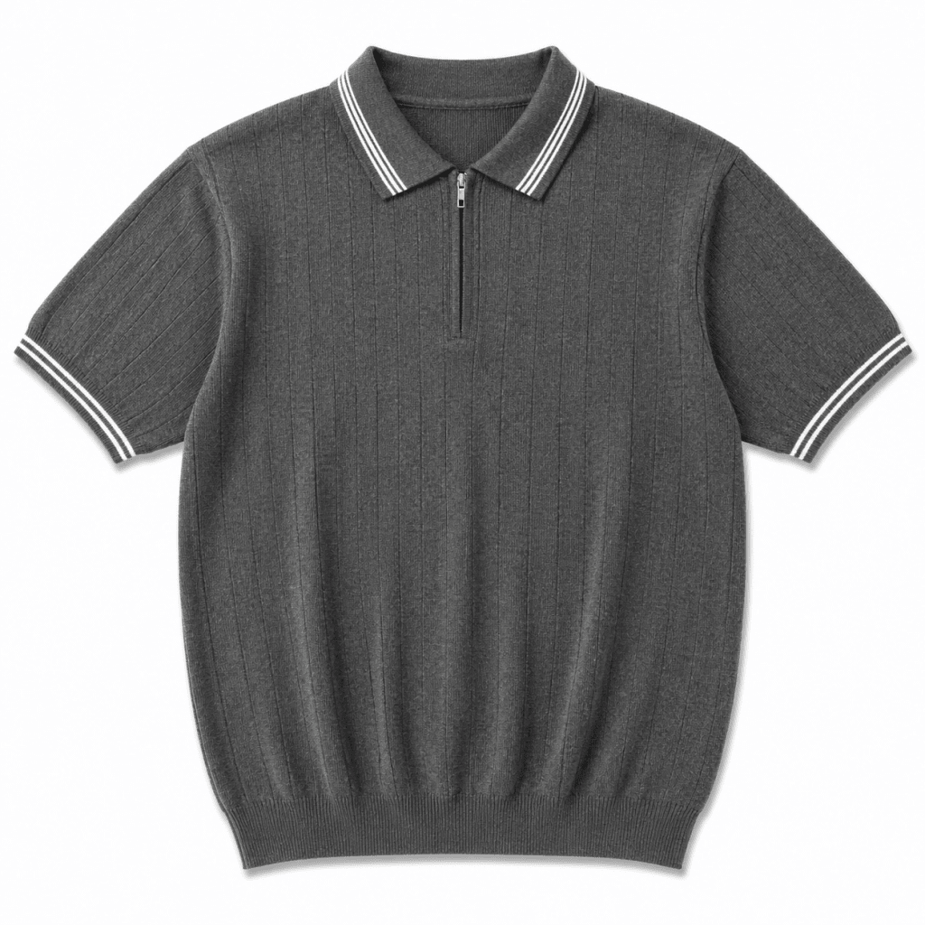 Men’s Charcoal Grey Half-Zip Knit Polo Shirt - Darkdxb