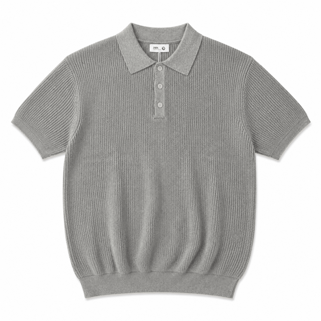 Men’s Grey Buttoned Ribbed Knit Polo Shirt - Darkdxb