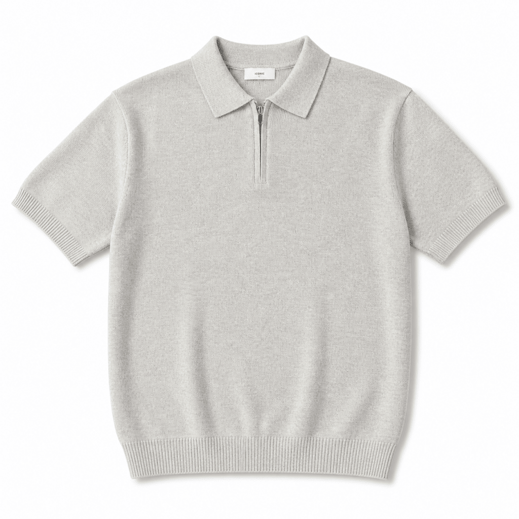 Men’s Light Grey Knit Polo – Zip Collar Minimal Style - Darkdxb