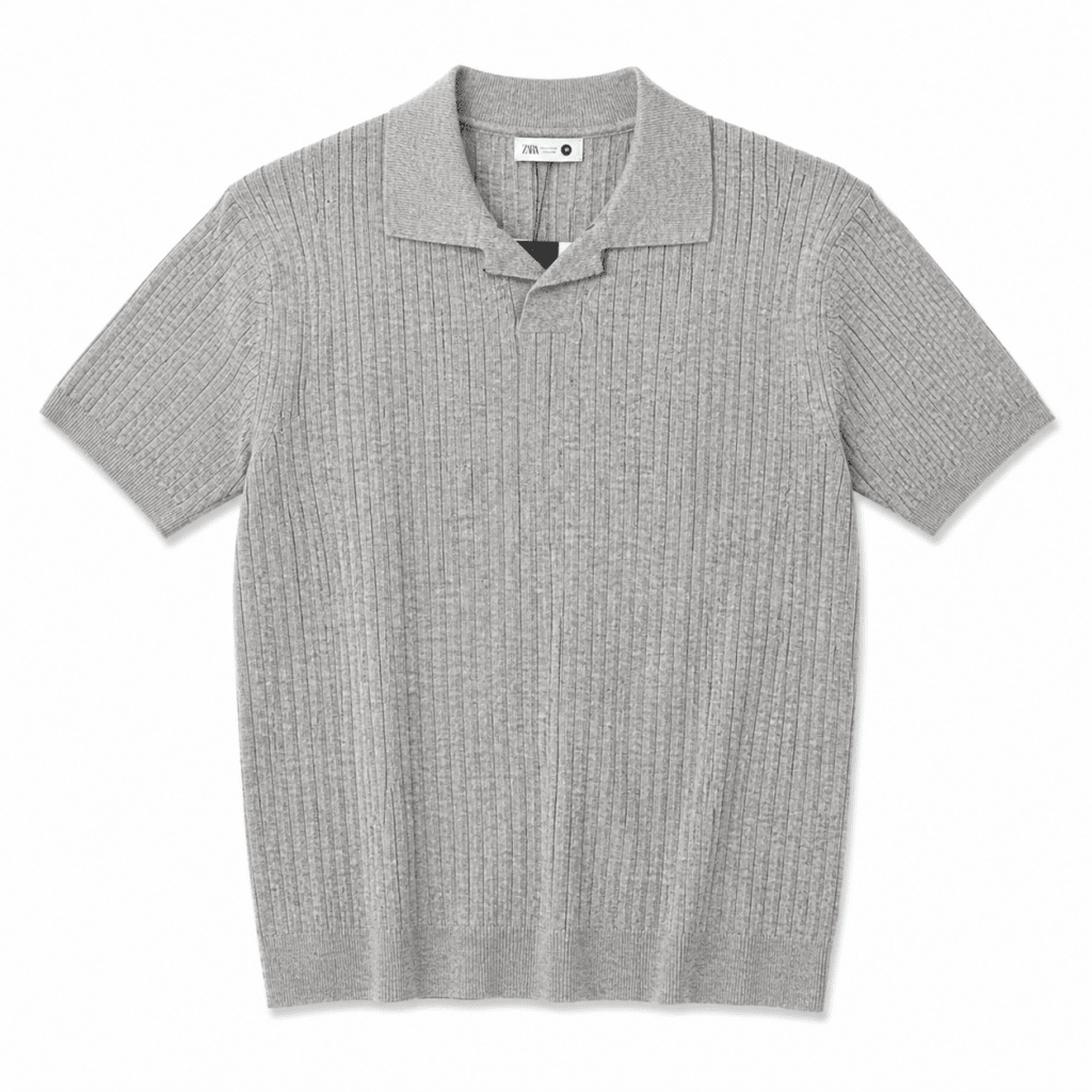 Men’s Light Grey Ribbed Knit Polo Shirt - Darkdxb