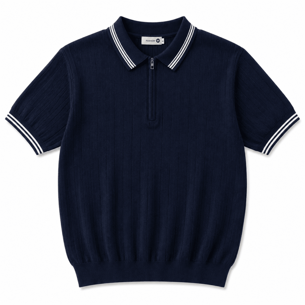 Men’s Navy Blue Half-Zip Striped Knit Polo Shirt - Darkdxb