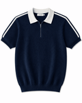 Men's Navy Ribbed Knit Half Zip Polo Shirt with White Contrast Collar & Shoulder Stripes - Darkdxb