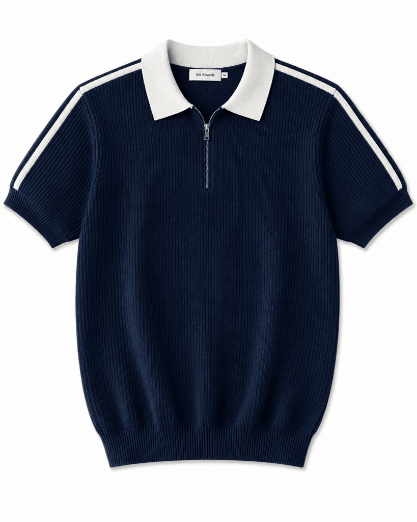 Men's Navy Ribbed Knit Half Zip Polo Shirt with White Contrast Collar & Shoulder Stripes - Darkdxb