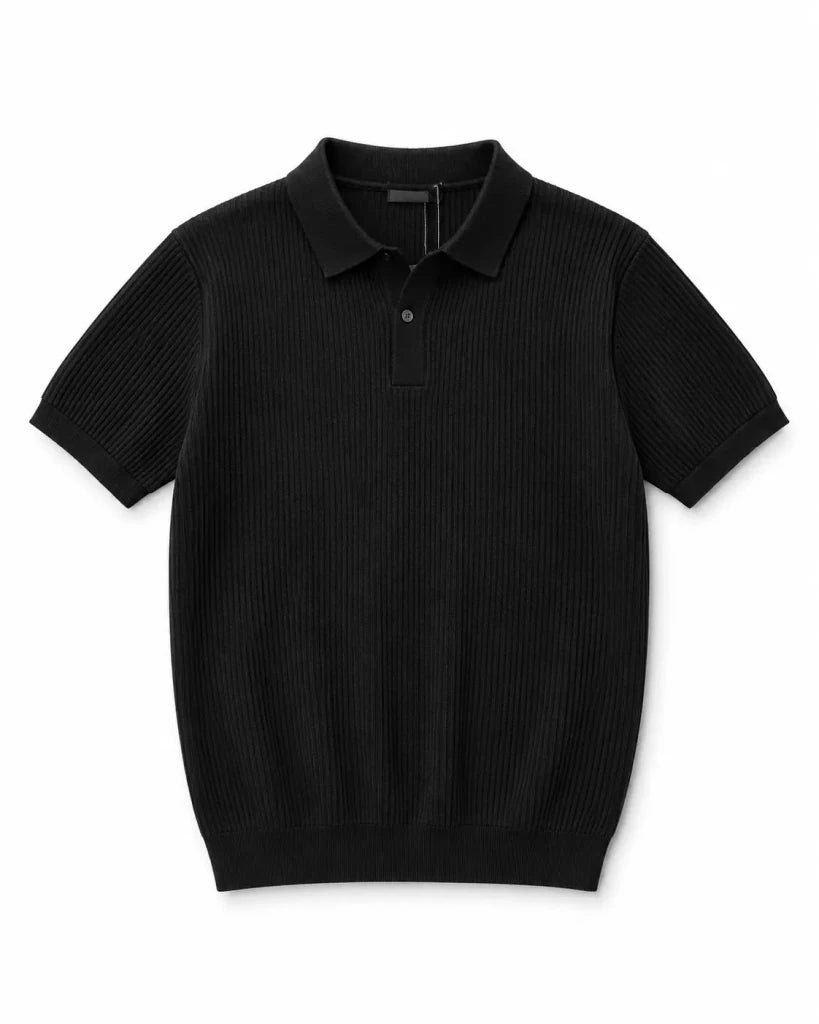 Men's Premium Ribbed Knit Polo Shirt – Classic Black | Smart Casual Stretch Fit - Darkdxb