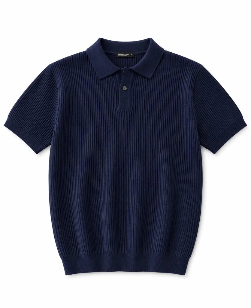 Men's Premium Ribbed Knit Polo Shirt – Navy Blue | Luxury Smart Casual Polo - Darkdxb
