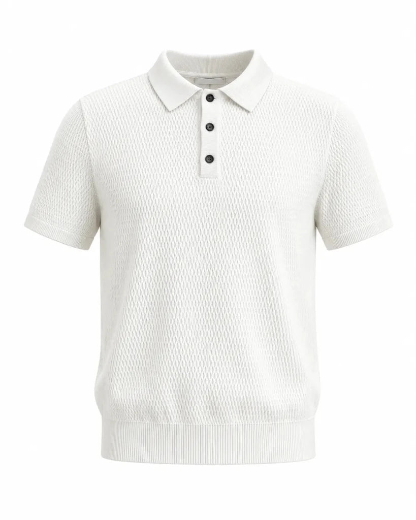 Men's Premium Textured Knit Polo Shirt – Classic White Short Sleeve - Darkdxb