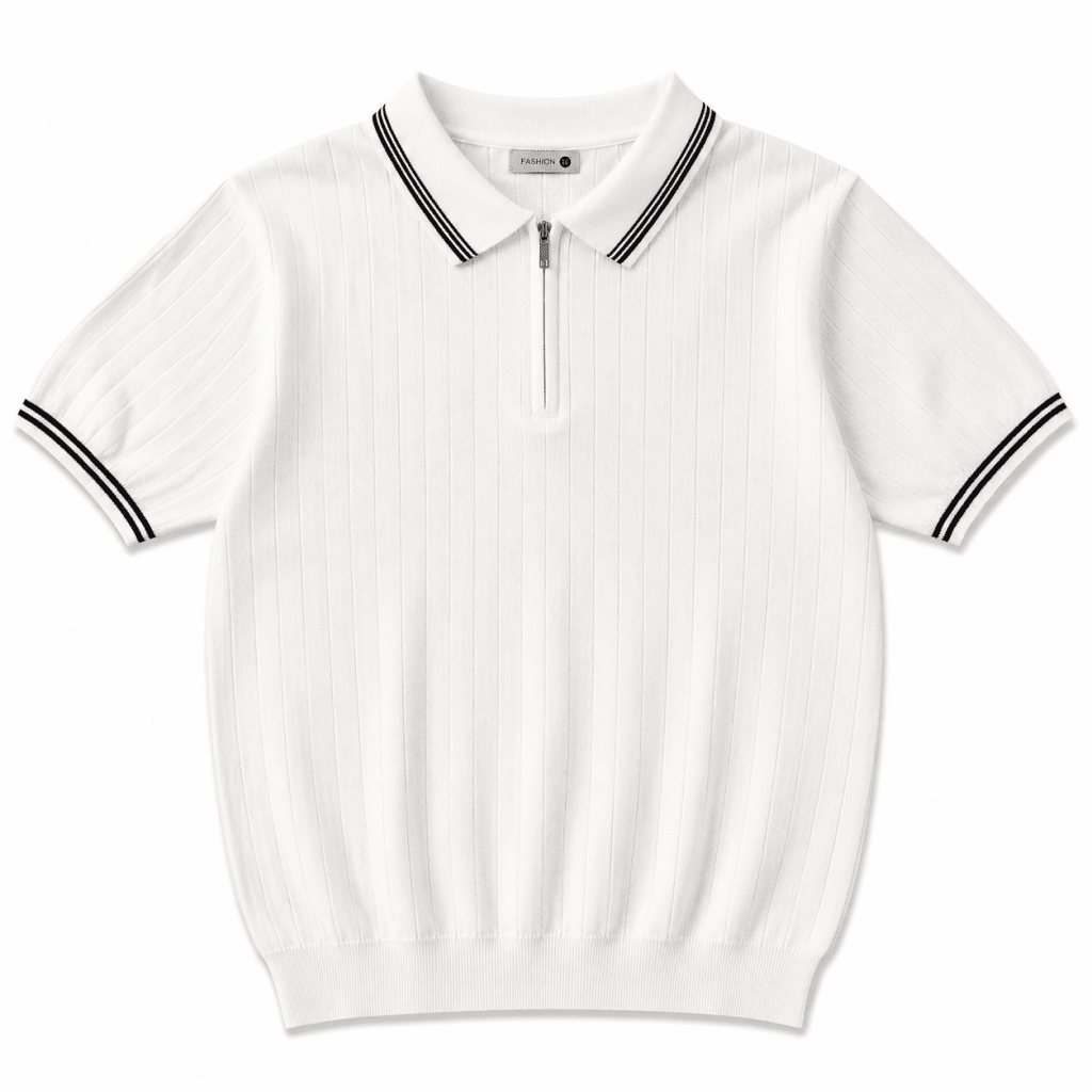 Men’s White Ribbed Zip Polo Shirt - Darkdxb