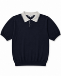 Navy Knit Polo Shirt with White Collar - Darkdxb