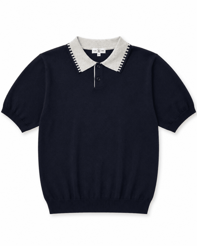Navy Knit Polo Shirt with White Collar - Darkdxb
