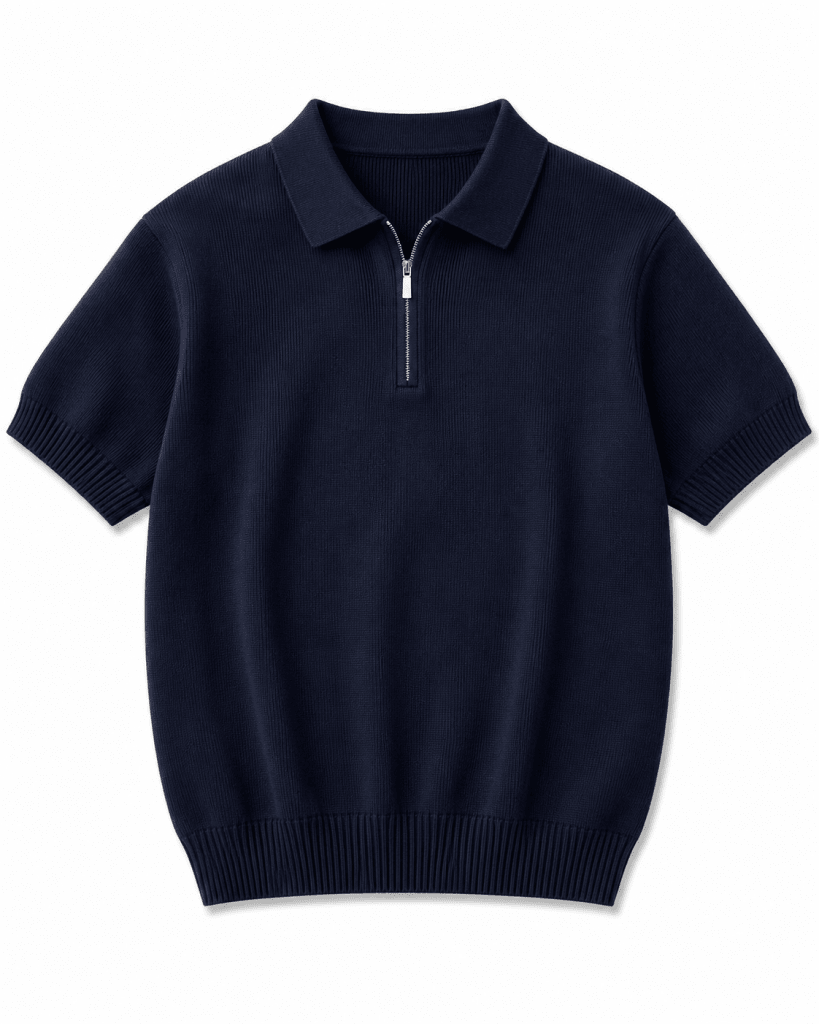 Navy Ribbed Knit Zip Polo Shirt – Premium Short Sleeve Smart Casual Top - Darkdxb
