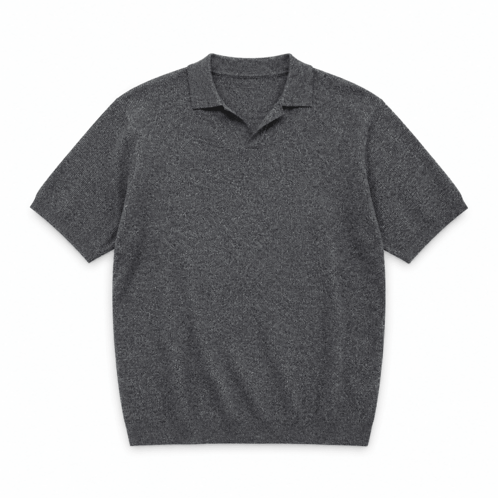 Olive Textured Knit Open Collar Polo Shirt - Shirts - Darkdxb