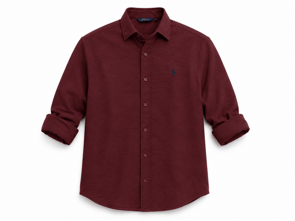 Polo Men's Maroon Textured Button-Up Shirt – Casual Long Sleeve Premium Fit - Darkdxb