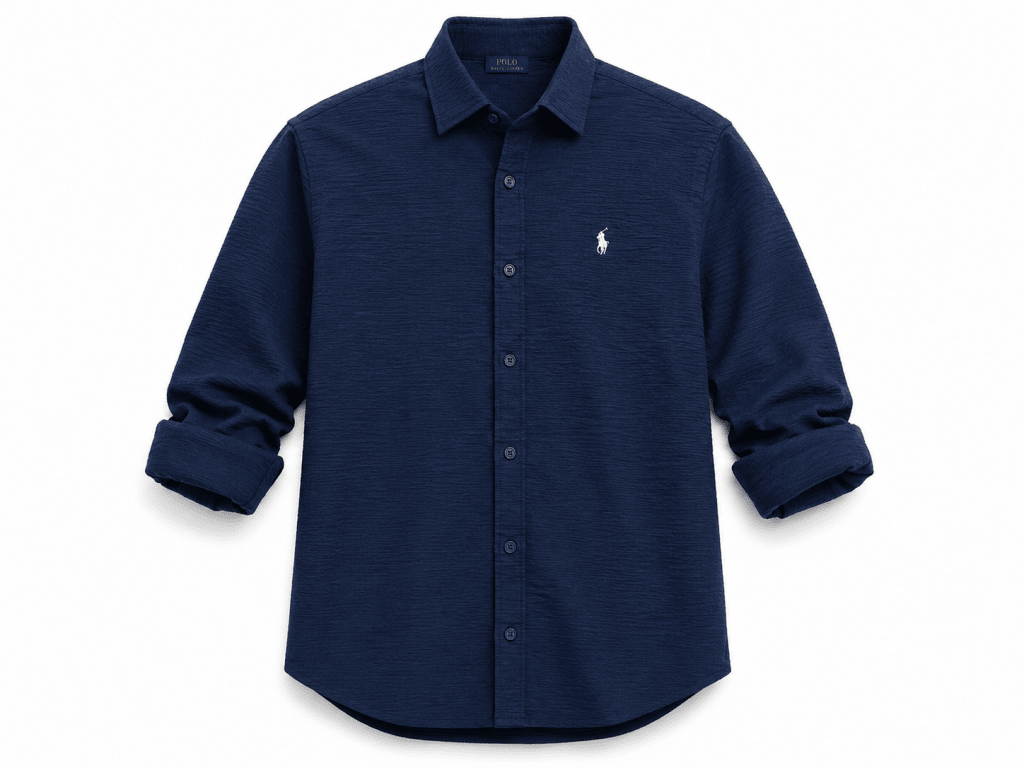 Polo Men's Navy Blue Textured Button-Up Shirt – Premium Casual Long Sleeve - Darkdxb