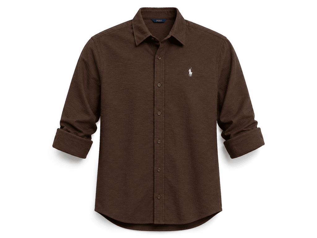 Polo Men's Premium Brown Textured Button-Up Shirt – Casual Long Sleeve - Darkdxb