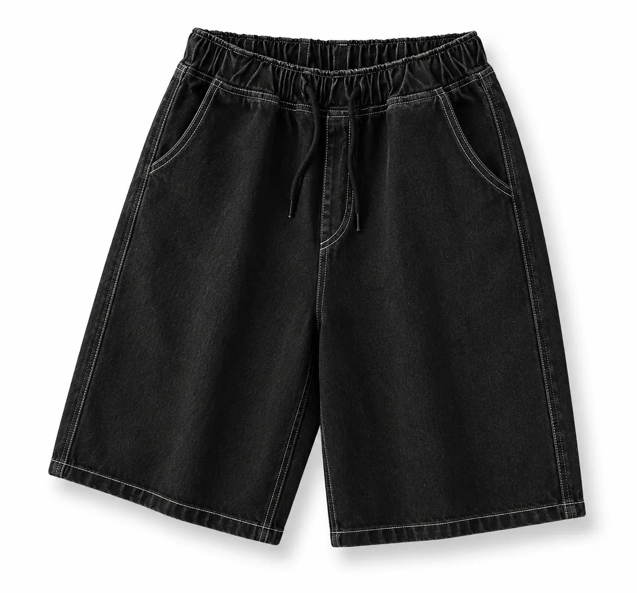 Black Denim Drawstring Shorts — Dark Edition