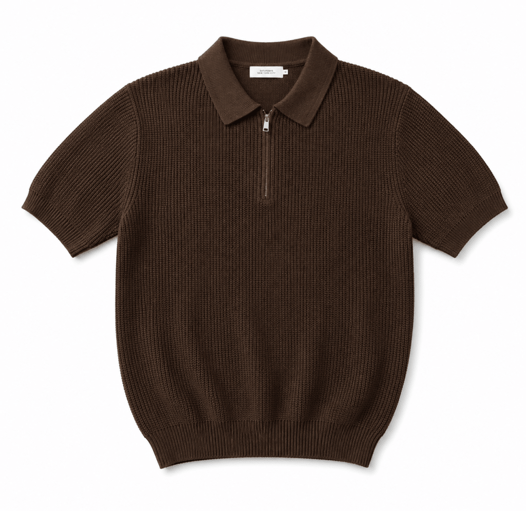 Premium Brown Knit Zip Polo Shirt – Textured Short Sleeve Casual Sweater - Darkdxb