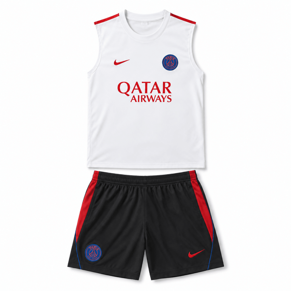 PSG Nike Sleeveless Training Set – White Jersey & Black Shorts Qatar Airways - Jerseys - Darkdxb