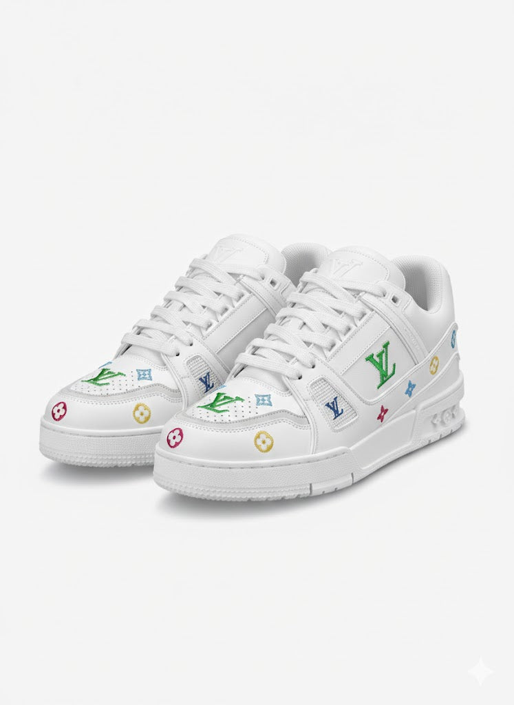 Louis Vuitton LV Trainer – White Leather – Multicolor Monogram Embroidery