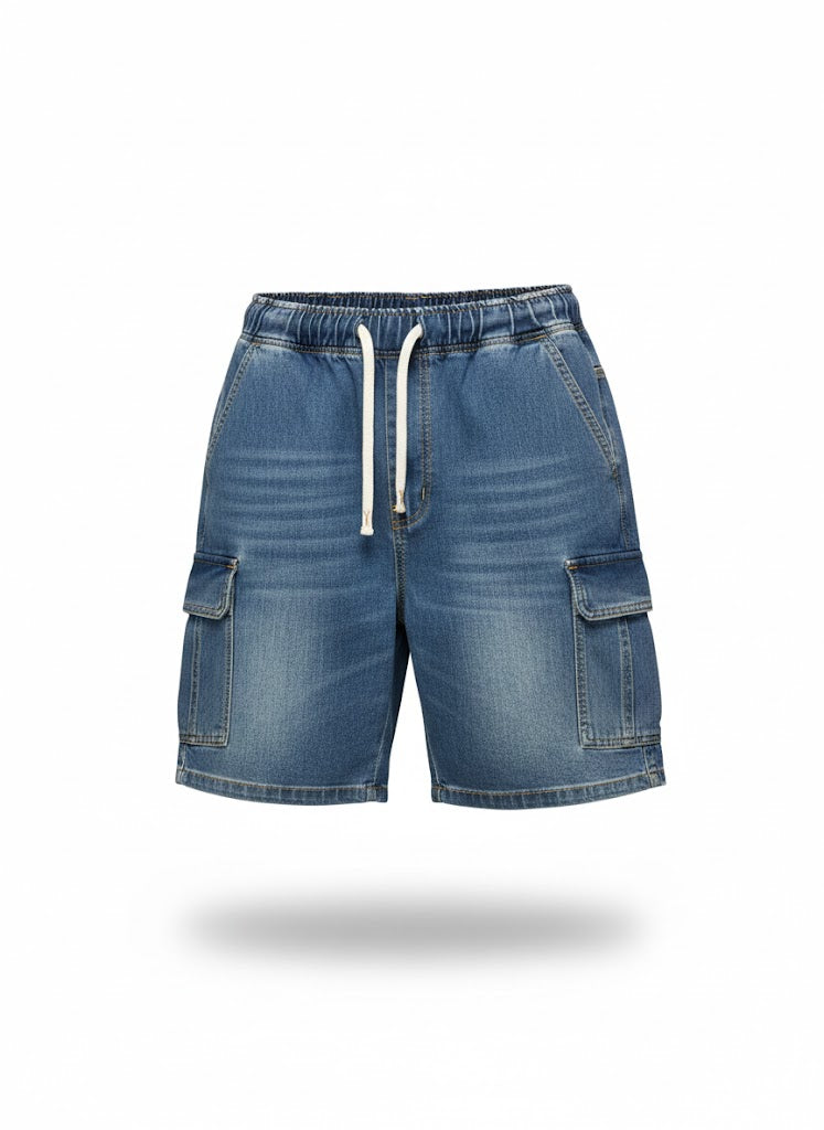 Medium-Wash Indigo Denim Cargo Shorts
