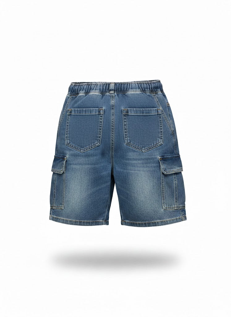 Medium-Wash Indigo Denim Cargo Shorts