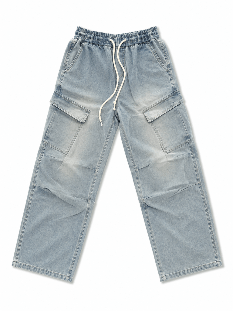 Urban Ice Blue Cargo Denim Pants – Premium Relaxed Fit Utility Streetwear Jeans - Darkdxb