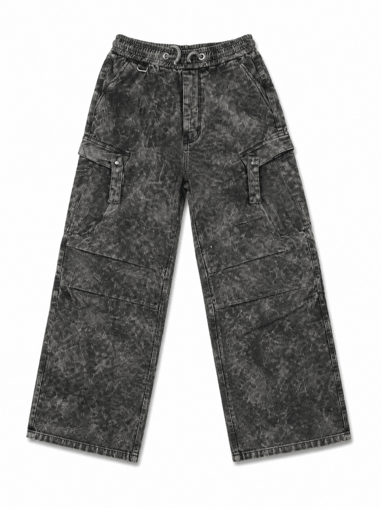 Urban Washed Charcoal Cargo Denim Pants – Premium Wide Leg Utility Jeans - Darkdxb