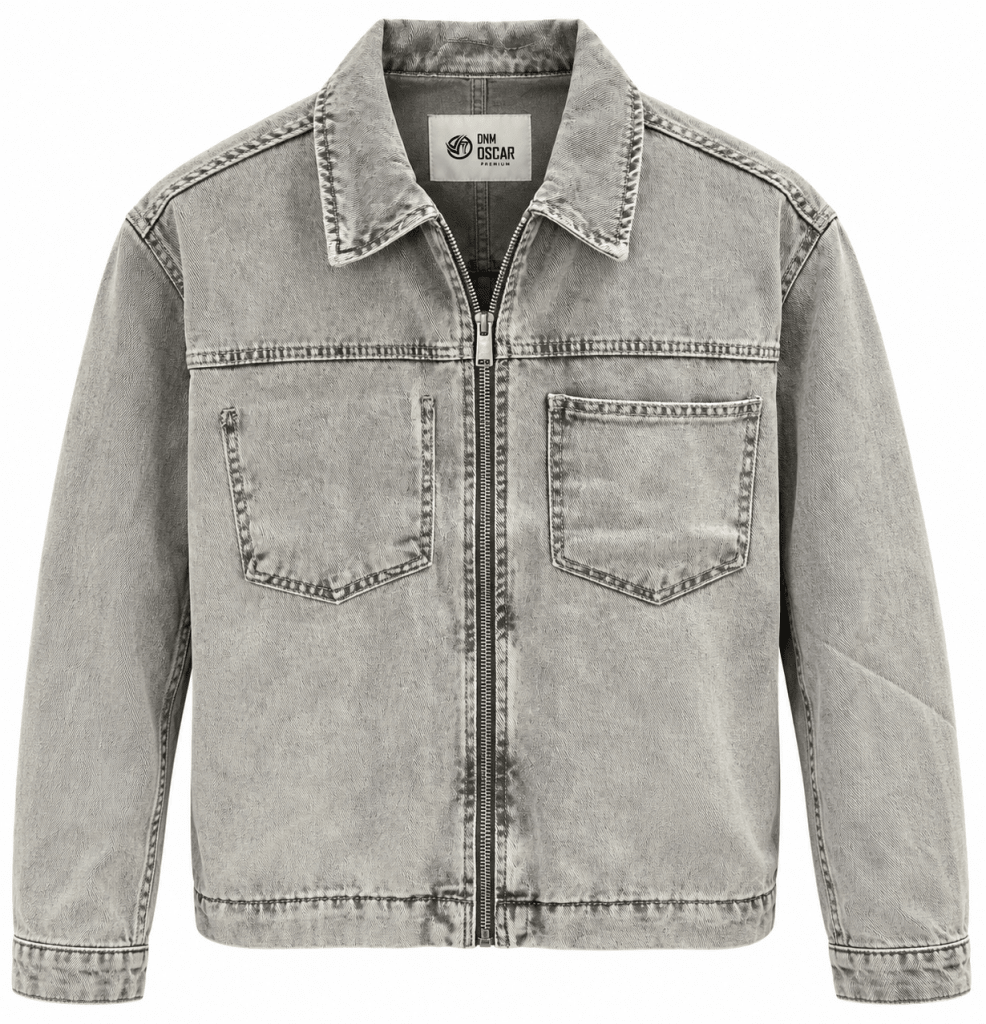 Vintage Washed Grey Denim Zip-Up Jacket - Darkdxb