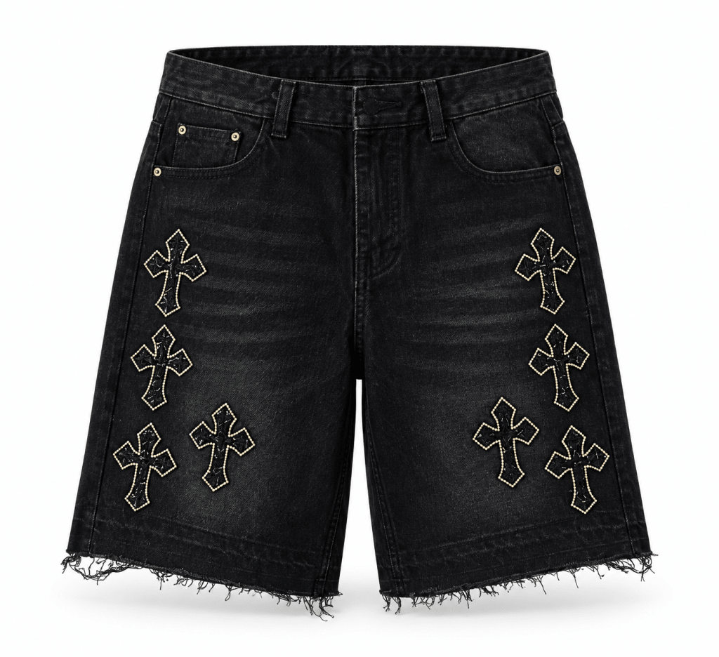 Washed Black Cross-Detail Denim Shorts - Darkdxb