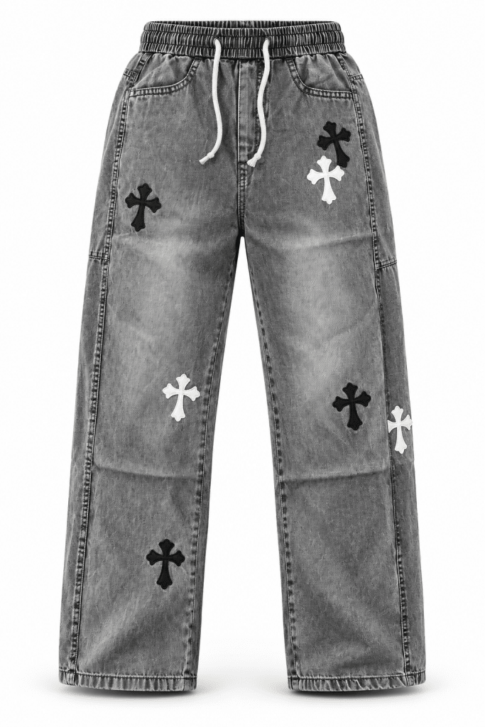 Washed Grey Cross-Patch Wide-Leg Jeans - Darkdxb