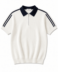 White Ribbed Knit Half-Zip Polo Shirt with Navy Collar – Premium Smart Casual Top - Darkdxb
