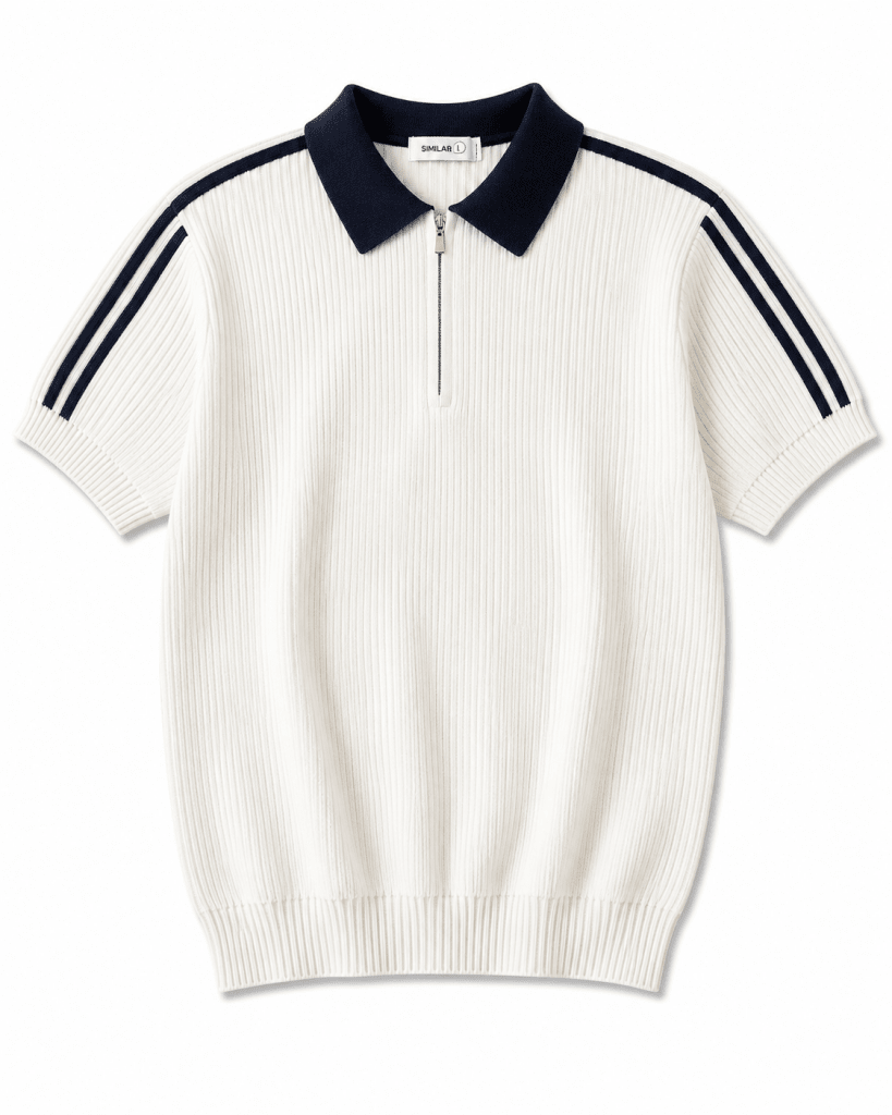 White Ribbed Knit Half-Zip Polo Shirt with Navy Collar – Premium Smart Casual Top - Darkdxb