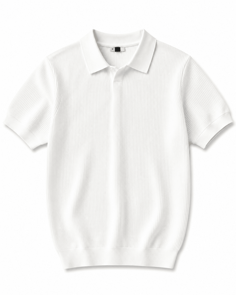 White Ribbed Knit Polo Shirt – Premium Short Sleeve Smart Casual Top - Darkdxb